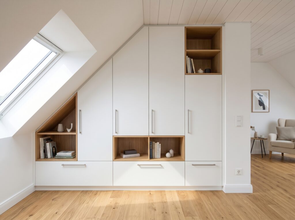 Einbauschrank nach Systemmaß passgenau in der Dachschräge, weiß mit Regalfach in Eichenoptik