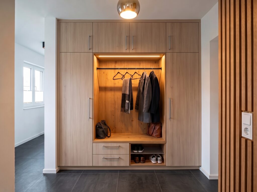 Einbauschrank nach Systemmaß als Garderobe mit Kleiderstange und Schuhregal, Eichenoptik