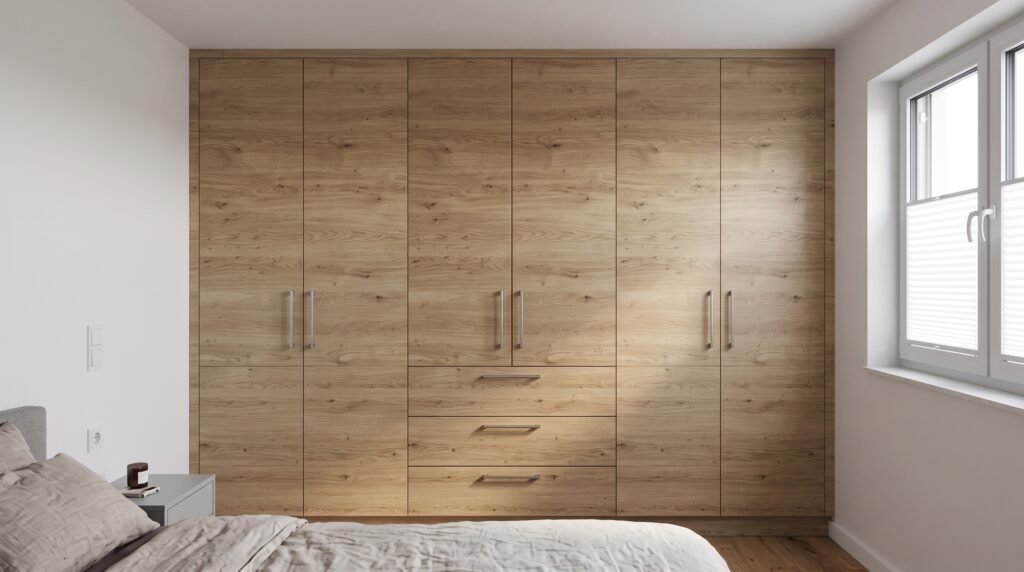 Einbauschrank nach Systemmaß im Schlafzimmer, Eichenoptik, deckenhoch