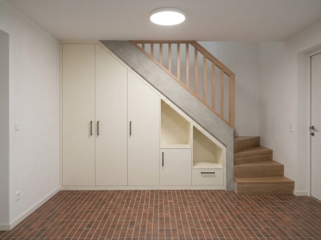 Einbauschrank nach Systemmaß passgenau unter der Treppe, cremefarbene Fronten mit offenem Regalfach