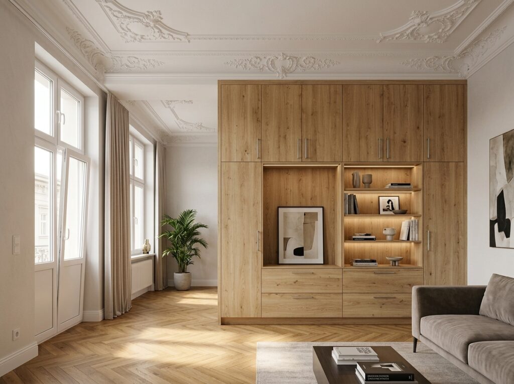 Einbauschrank nach Systemmaß im Wohnzimmer, Eichenoptik mit offenem Regalfach