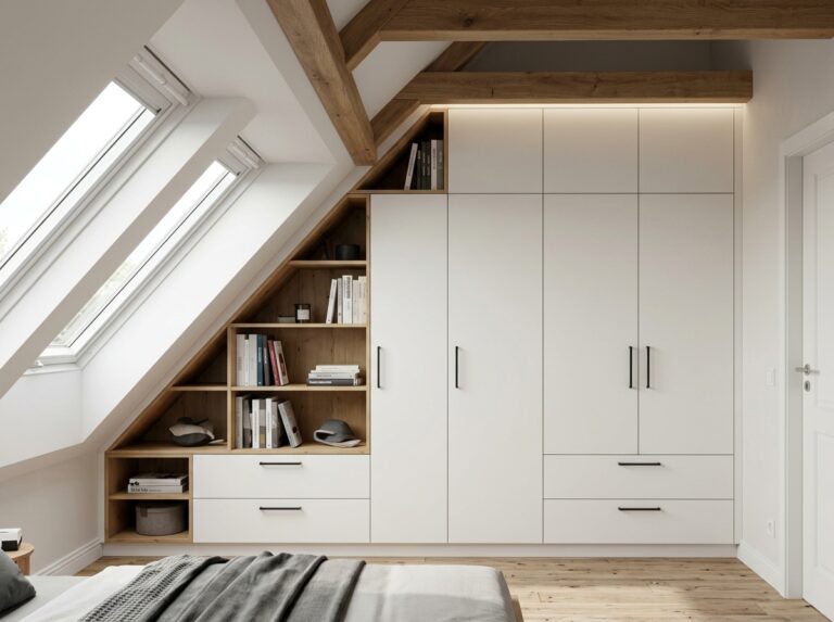 Dachschrägenschrank im Altbau, weiß Holzdekor