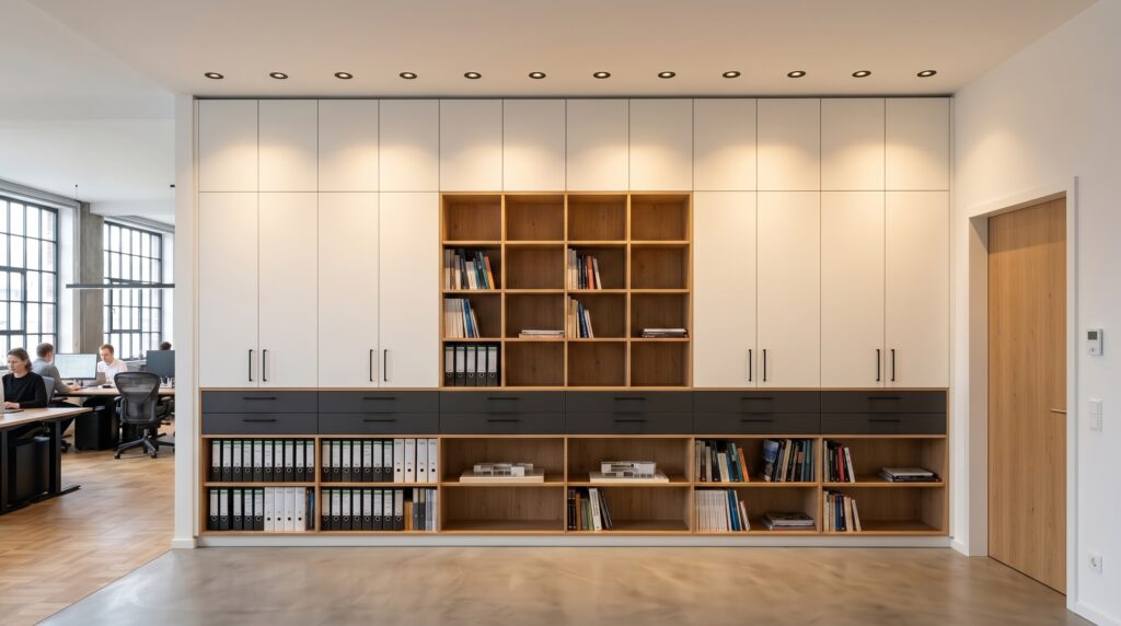 Büroschrank in Nische, deckenhoch mit Regal