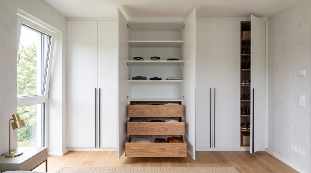 Schlafzimmerschrank weiß, raumhoch mit Holzschubladen