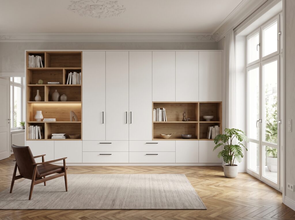 Wohnzimmerschrank weiß, passgenau