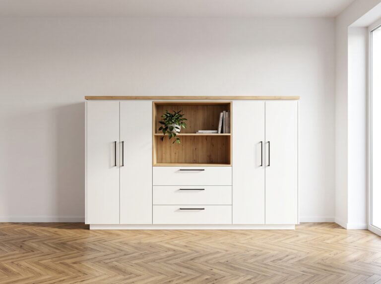 Wohnzimmer Lowboard weiß mit Abdeckplatte aus Holz