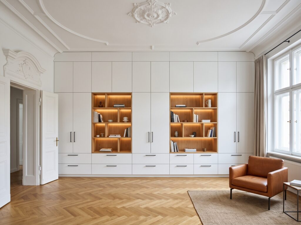 Einbauschrank im Altbau, raumhoch mit Holzregalen